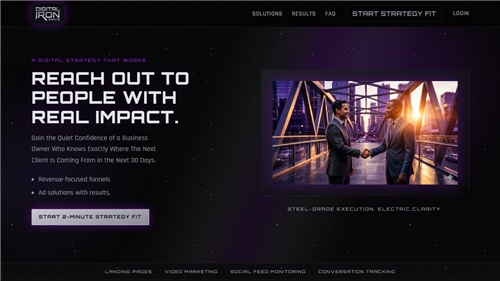 Digital Iron Giants: hero with strategy headline and industrial-styled visuals
